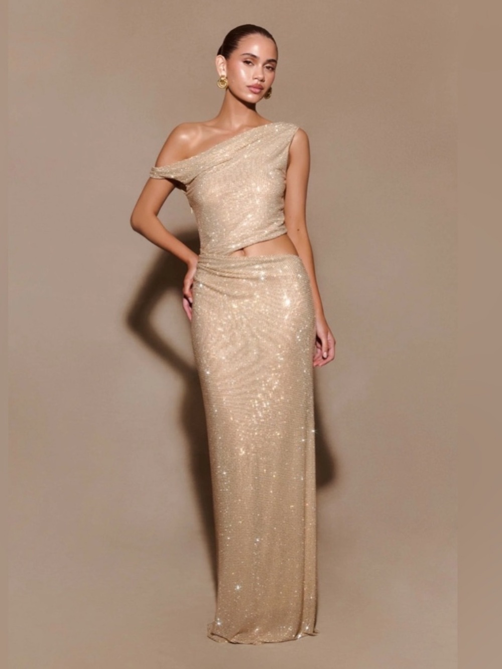Meshki Gold Kenny Diamante One-Shoulder Gown